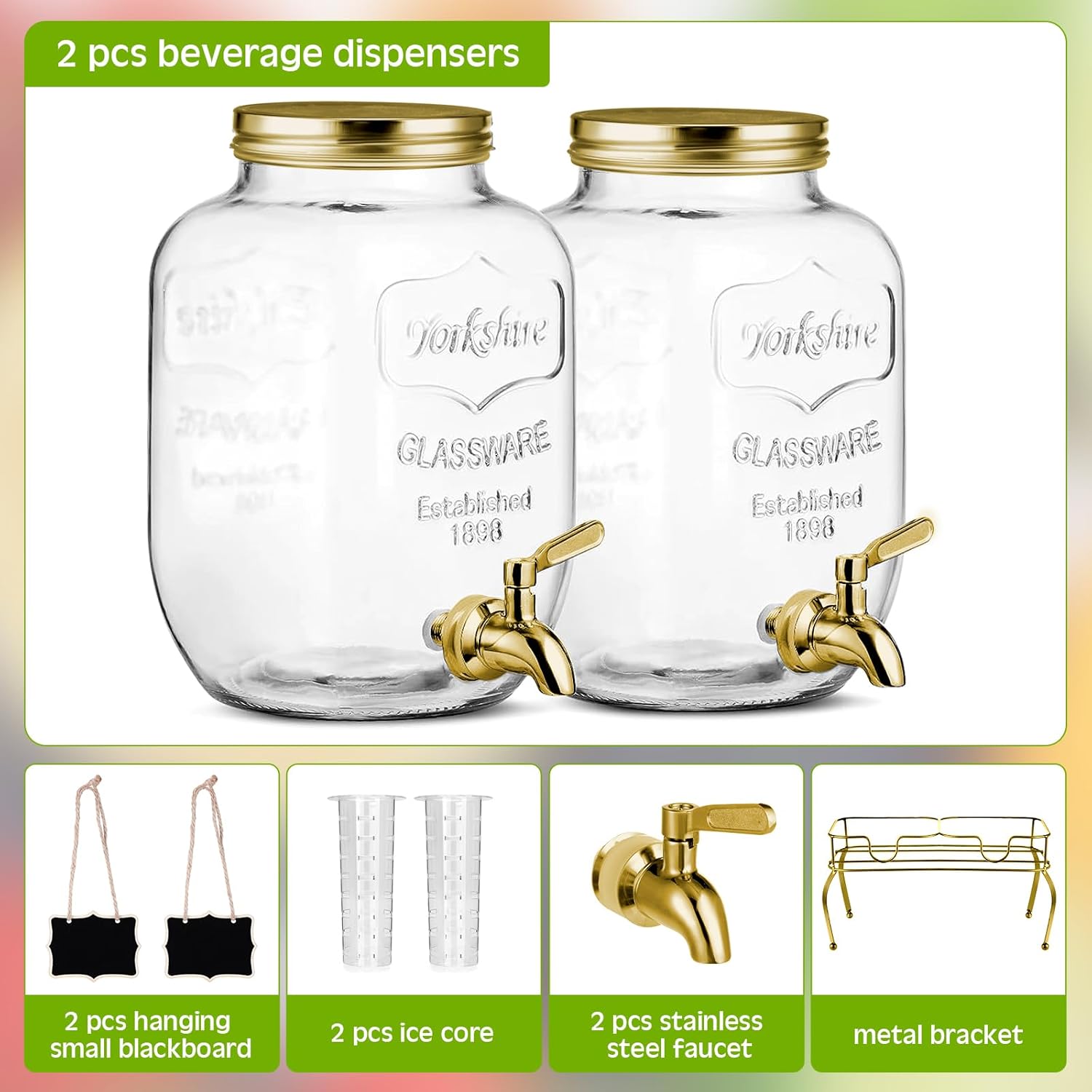 Lallisa 2 Pcs 2 Gallon Glass Drink Dispenser with Stand Ice Cylinder Hanging Chalkboard Signs 18/8 Stainless Steel Spigot Beverage Dispensers for Parties Mason Jar Drink Lemonade (Gold)