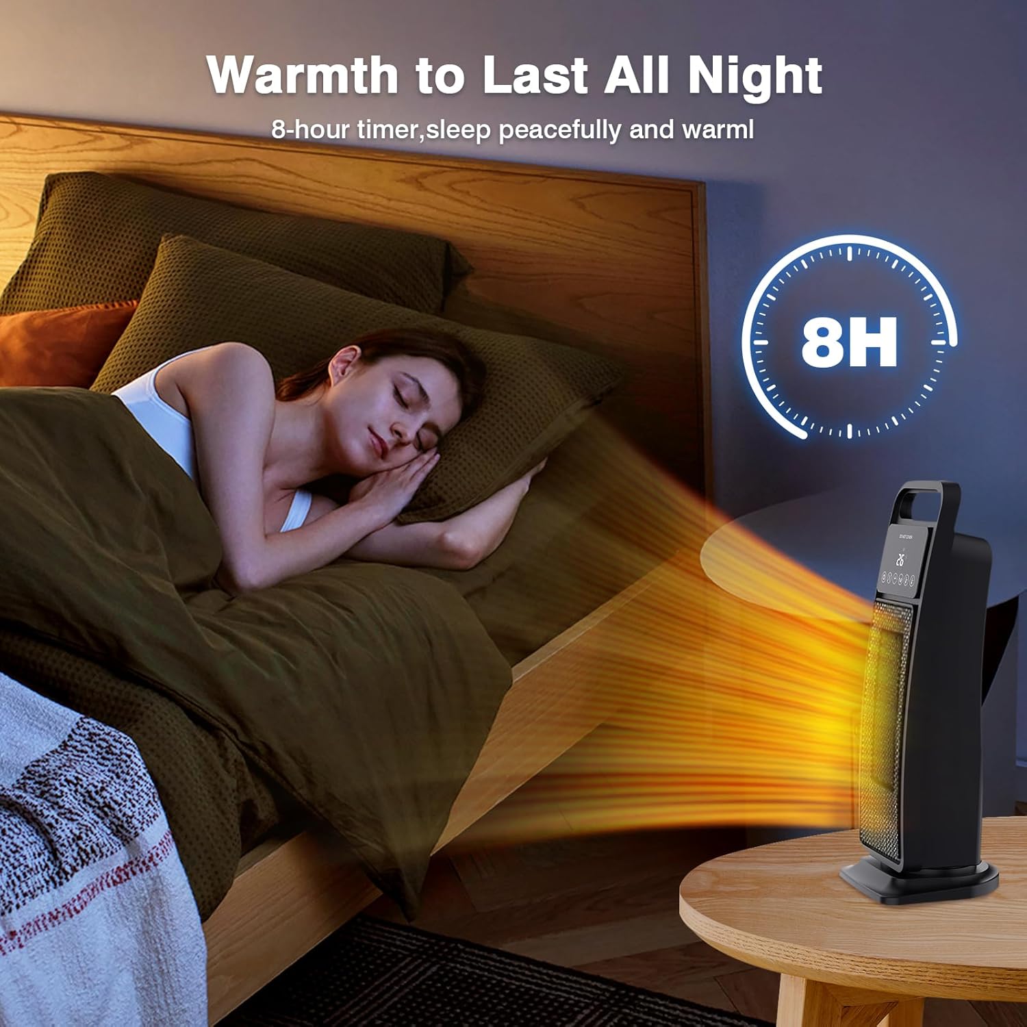 ADVWIN Portable Fan Heater showing PTC ceramic heating element, LED display, remote control, and 60 degree oscillation