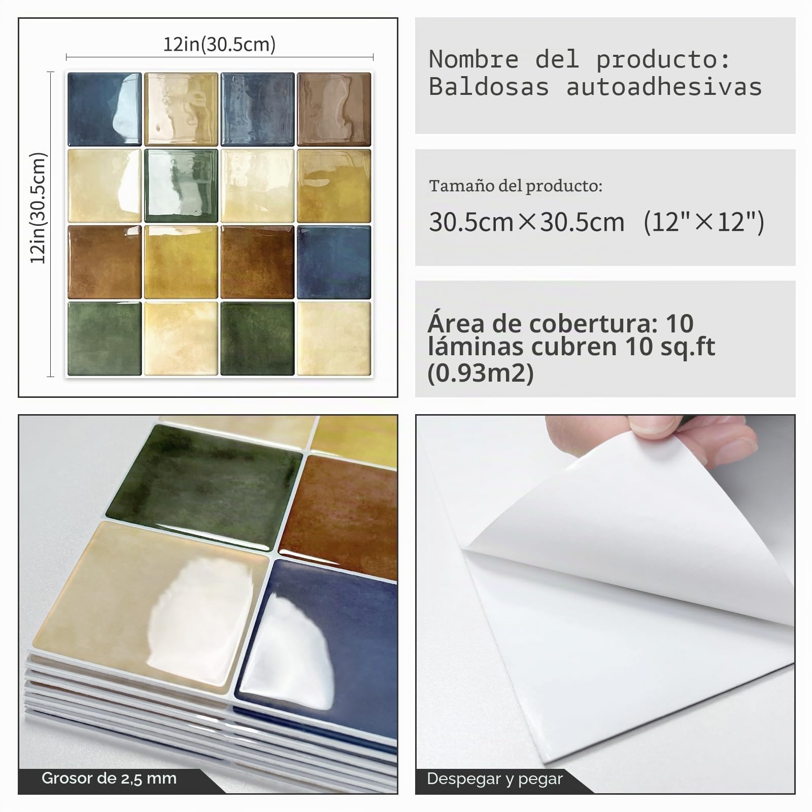 Azulejos 3d Baldosas Adhesivas Cocina Pared Autocolantes Azulejo Adhesivo Cuadrados Colorid(10-Piezas,30.5 x 30.5cm)