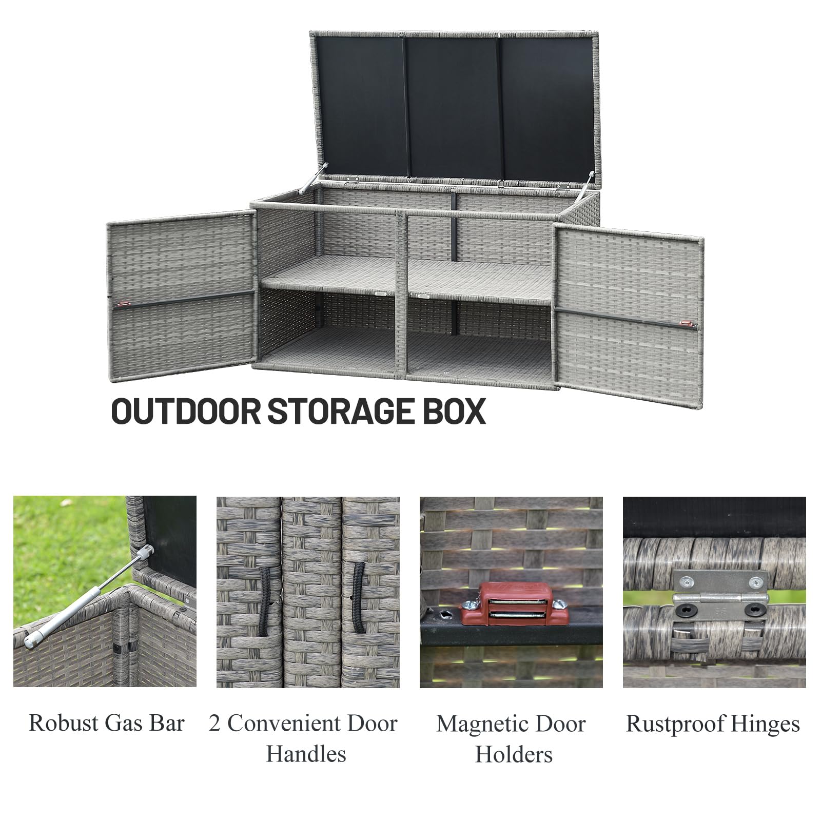LIFEZEAL Caja de almacenaje de 2 niveles de ratán PE, Baúl grande con 2 puertas y tapa, Armario para jardín, balcón, piscina, salón, interior exterior, 115x60x65 cm (Gris)