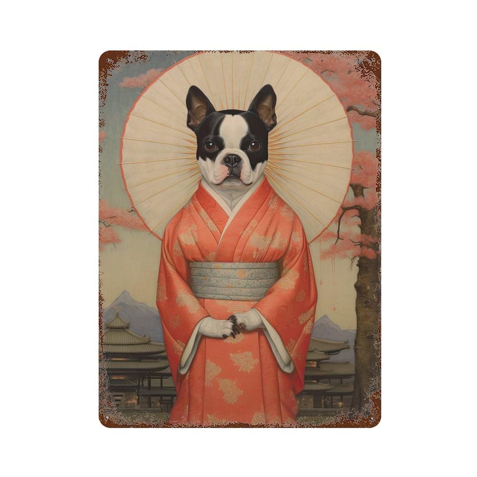 Boston Terrier Geisha 15.7"x11.8" Vintage Rust Metal Sign, Decorative Metal Wall Art for Farmhouse, Kitchen And Entryway Decor