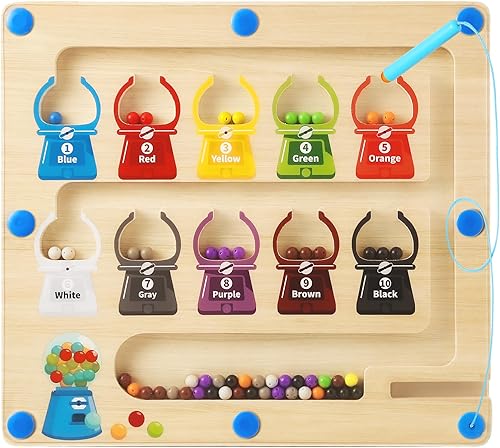 Letapapa Laberinto magnético de colores y números, juguetes Montessori para niños de 3 años en adelante, tablero de rompecabezas de madera a juego