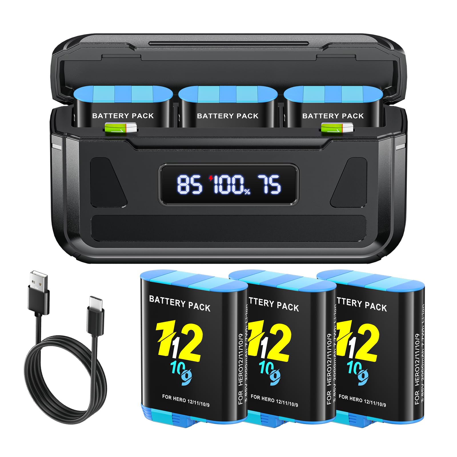 2000mAh Hero 12 Batería con Cargador para Hero 12/11/10/9 Black - Cargador de 3 Canales con Pantalla LCD, Ranura para Tarjeta TF, Apta para Baja Temperatura (3*Batería +1* Cargador)