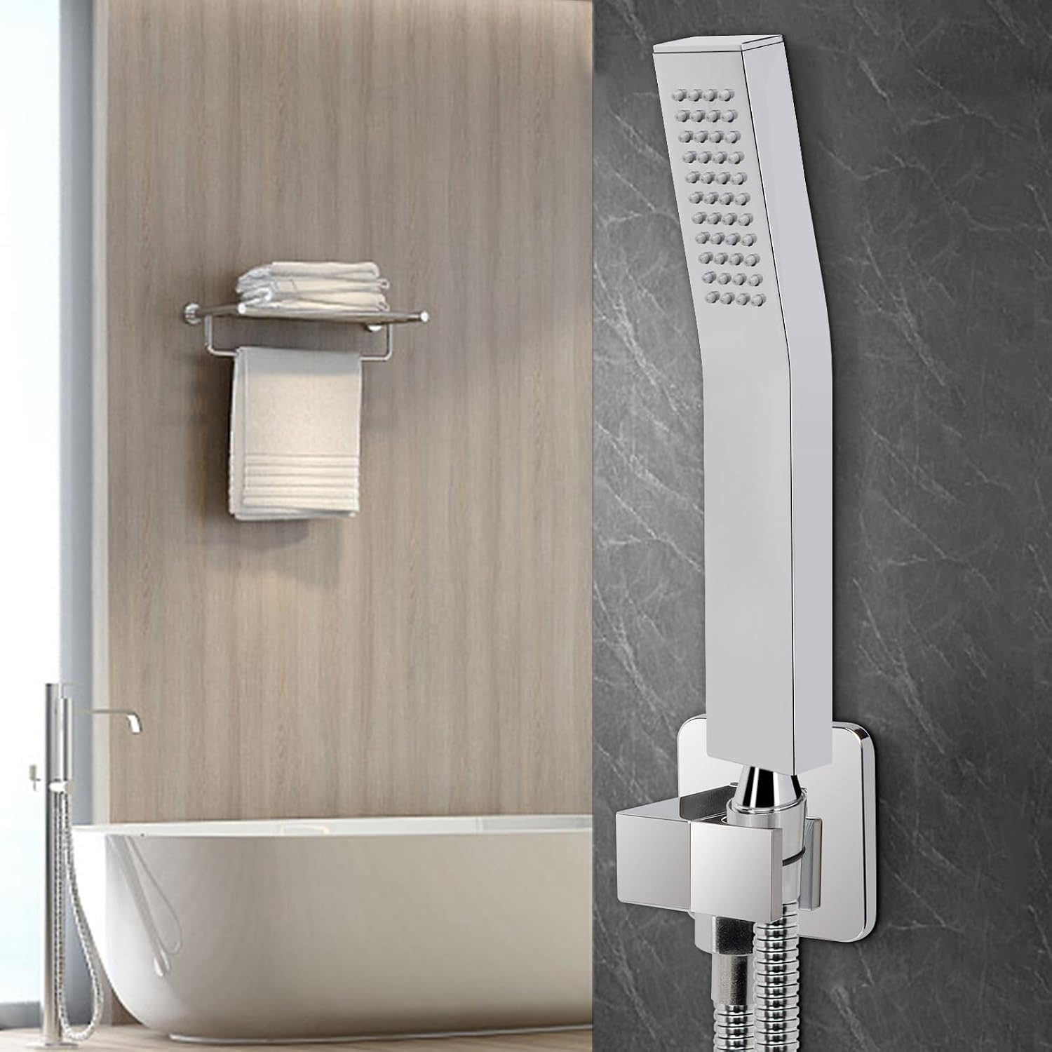 NearMoon Brass Hand Held Shower Head, Luxury High Pressure Shower Kit with Wall Connector and Hose Set, for Bathroom Showering System Contemporary Square Style (Chrome Finish)