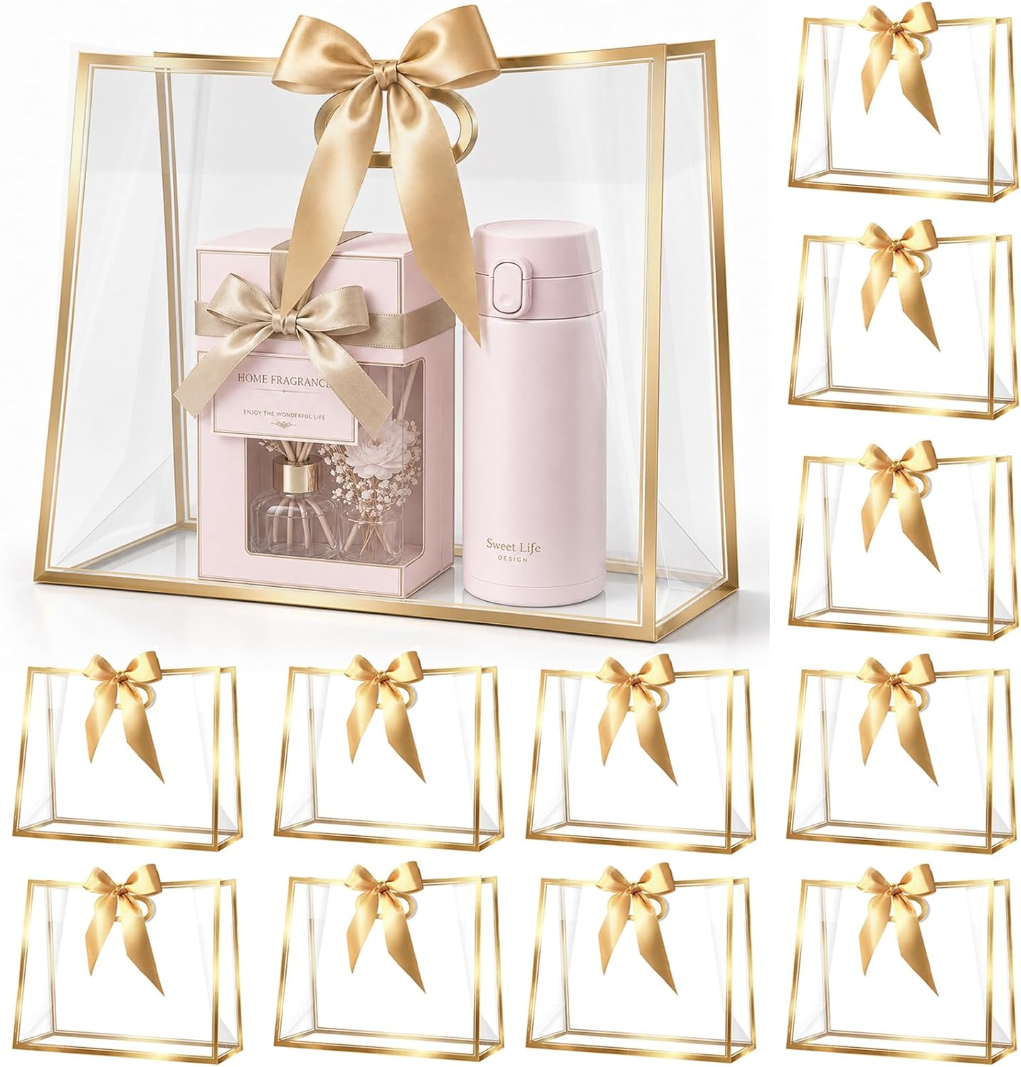 YumiTrek 15Pcs Clear Gift Bags with Handles, Large PVC Transparent Bags with Ribbon 12 x 10 x 5 in, Party Favor Bag Reusable for Wedding Bridal Shower Baby Shower Birthday (Metallic Gold)