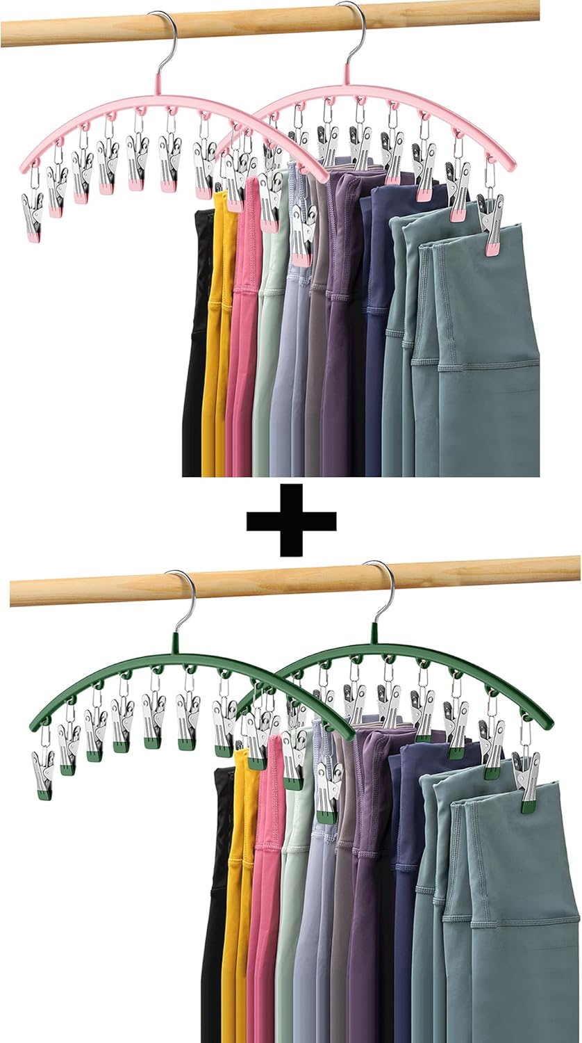 Legging Organizer for Closet, Metal Yoga Pants Hangers 4 Pack w/10 Clips Holds 20 Leggings, Space Saving Hanging Closet Organizer w/Rubber Coated Closet Organizers and Storage, Pink+Green