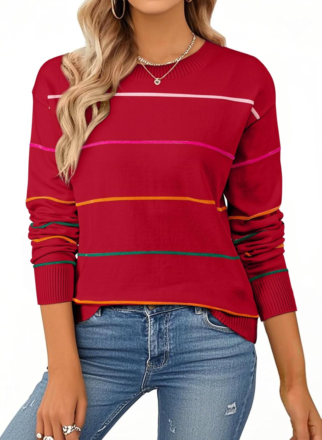 SHEWIN Womens Sweaters Crew Neck Knit Long Sleeve Striped Sweater Fall Outfits for Women 2025