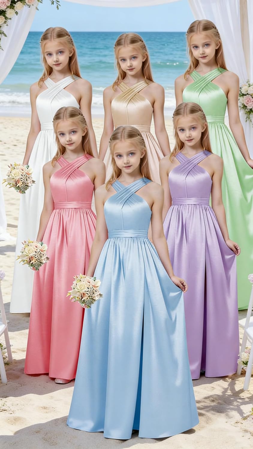 Junior Girls Bridesmaid Halter jr Bridesmaid Dresses for Teens Split Satin Flower Girl Formal Gown for Wedding - Image 6