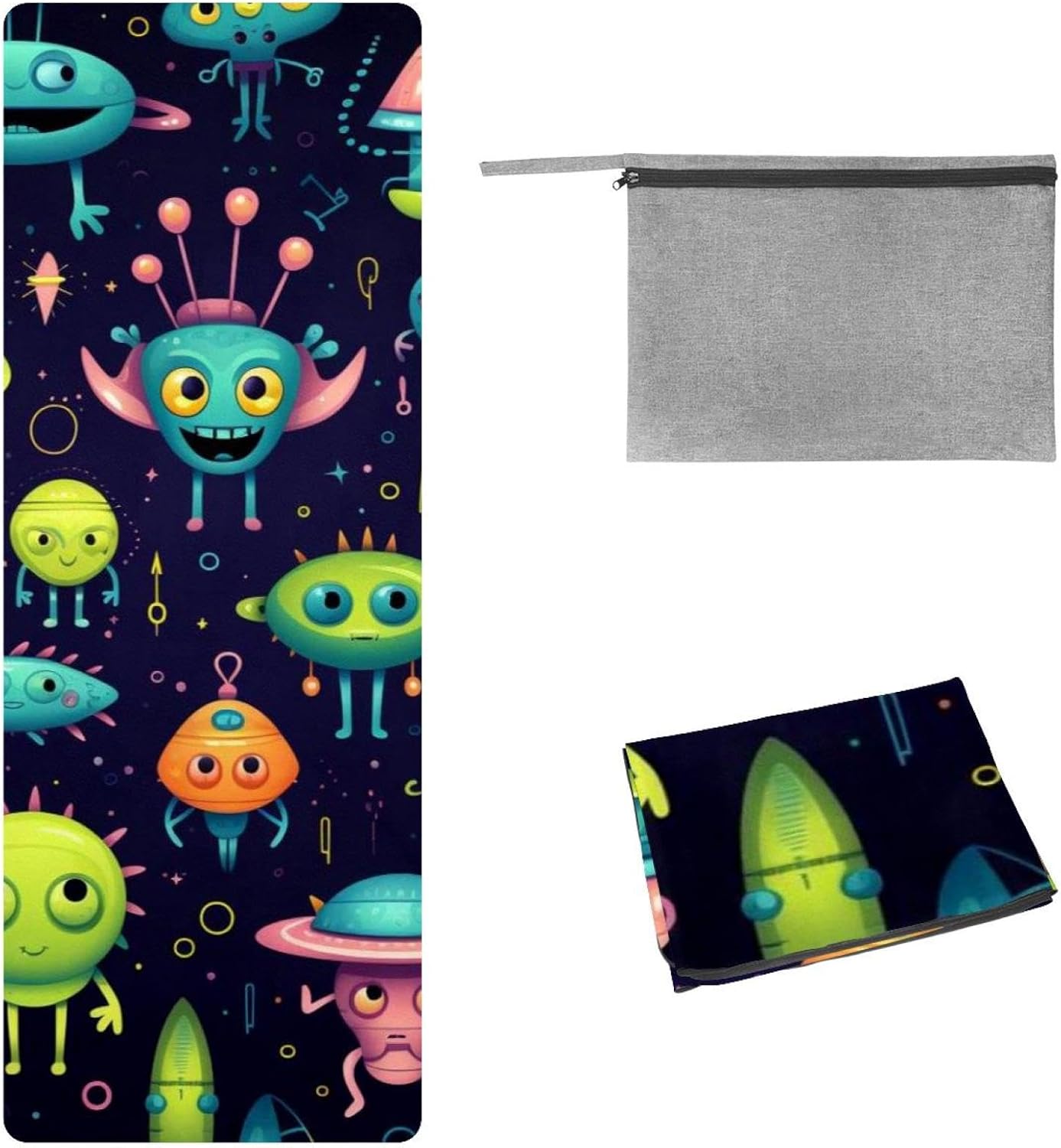 Yoga Towel, Outer Space Alien Pattern Non Slip Sweat Absorbent Hot Yoga Mat Towel for Hot Yoga, Pilates and Fitness - 72.8" x 26.8"