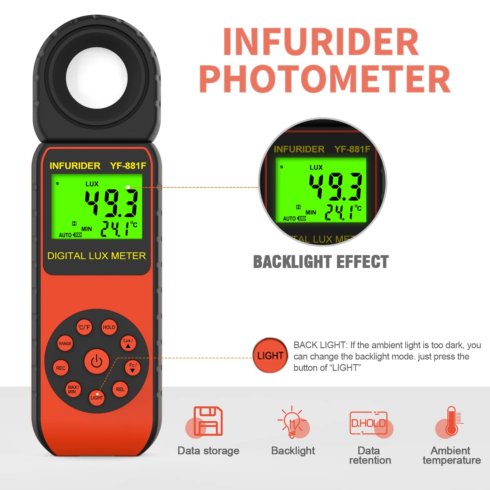 Luxmètre Numérique Luminomètre，INFURIDER YF-881F Luxmetre avec 0.01-400,000Lux，Photomètre avec Détecteur Rotatif à 270° pour Eclairage LED, Plantes, Photographie