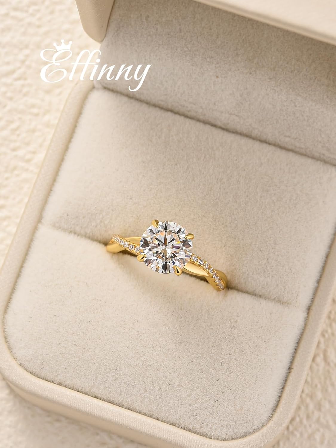 1.25/2.0ct Moissanite Engagement Ring,D Color Round Brilliant Cut,4-Prong Twist Band 14K Yellow Gold Plated 925 Sterling Silver Promise Ring for Wedding,Travel,Daily