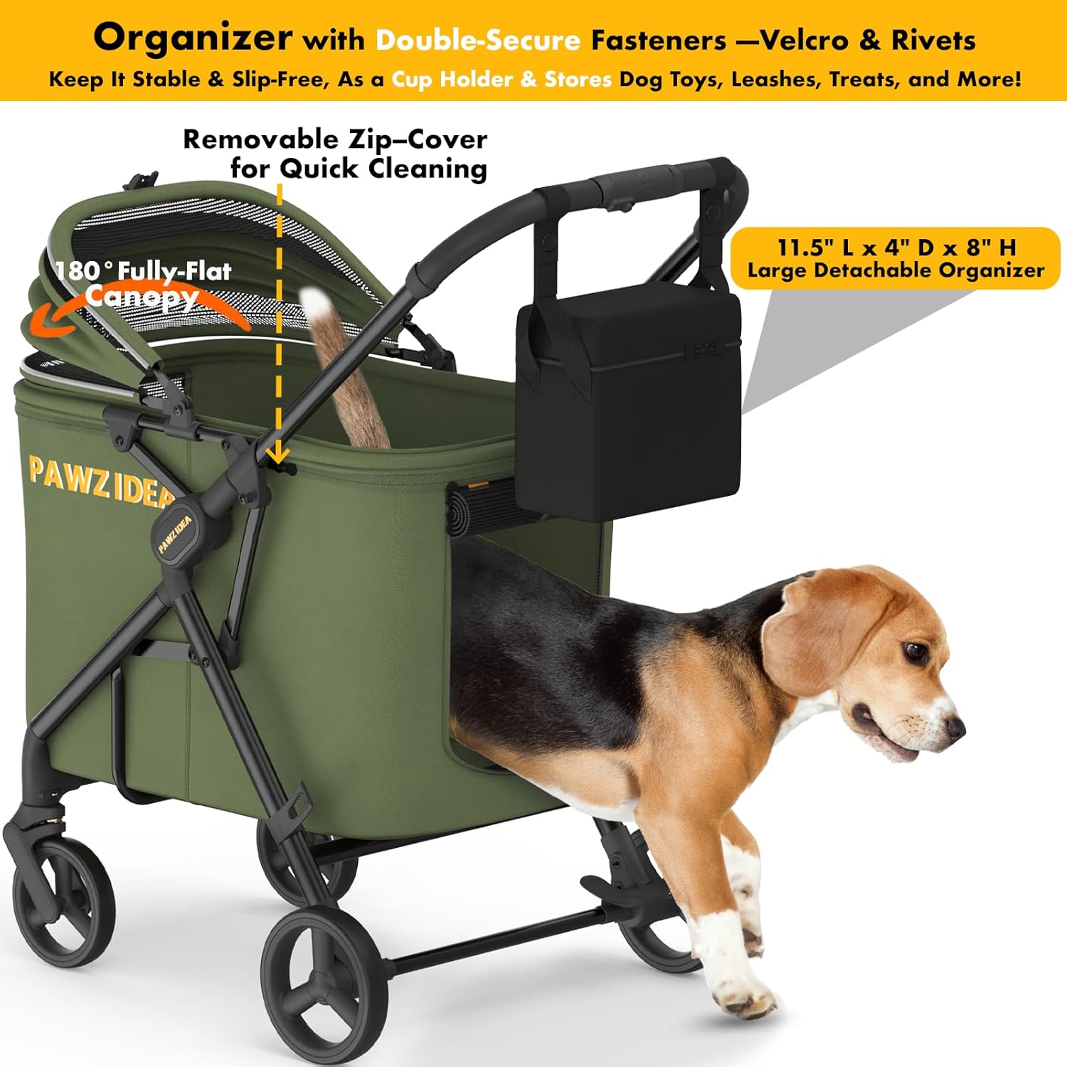 PAWZIDEA Dog Stroller for Large Dogs, Heavy Duty Pet Stroller for 2 Medium or Small Dogs Cats Up to 80lbs, No-Zip 180° Reversible Canopy Lockable, One-Hand Foldable Jogger 7" Wheels, Storage Organizer - Image 8
