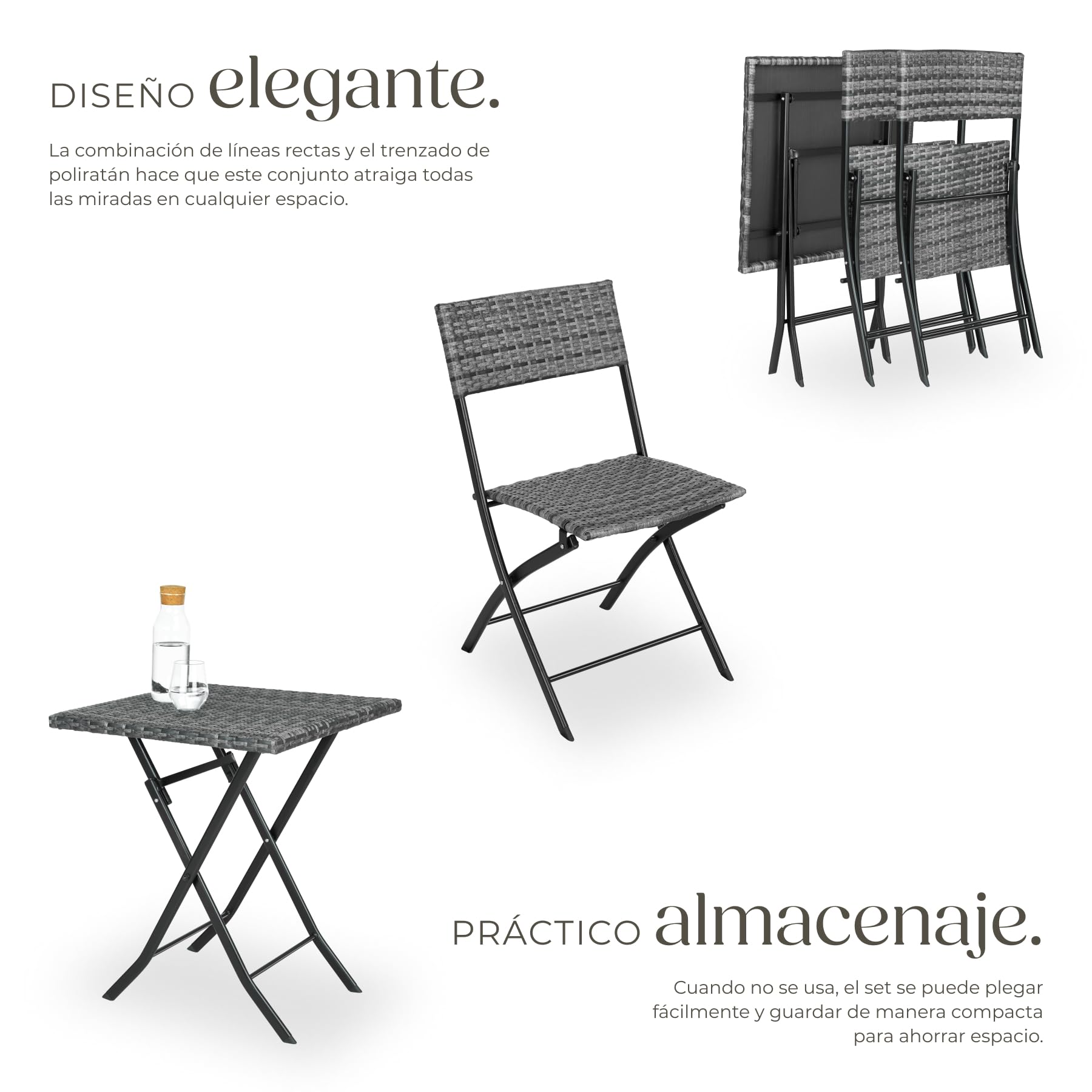 tectake® Conjunto Jardín Exterior de Ratán y Acero para 2 Personas, Muebles Jardín Exterior Resistentes a Intemperie, 2 Sillas y 1 Mesa, con Topes de Plástico, Plegable, Ligero y Compacto - Gris — view 6