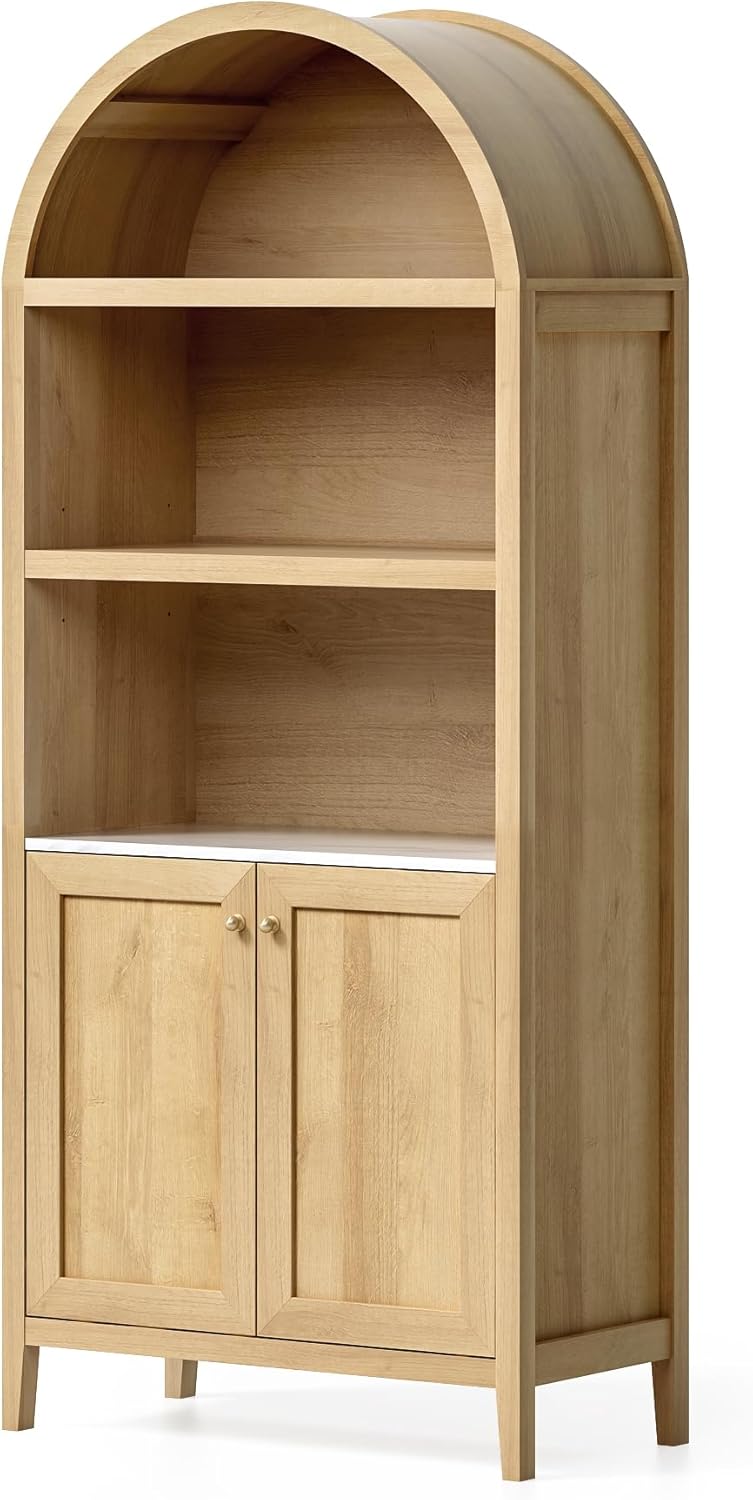 71" Tall Arched Cabinet, 5-Tier Arched Bookcase Storage Display Cabinet with Faux Marble Tabletop, Modern Farmhouse Bookshelf Kitchen Pantry Cabinet for Living Room Home Office, Natural Oak
