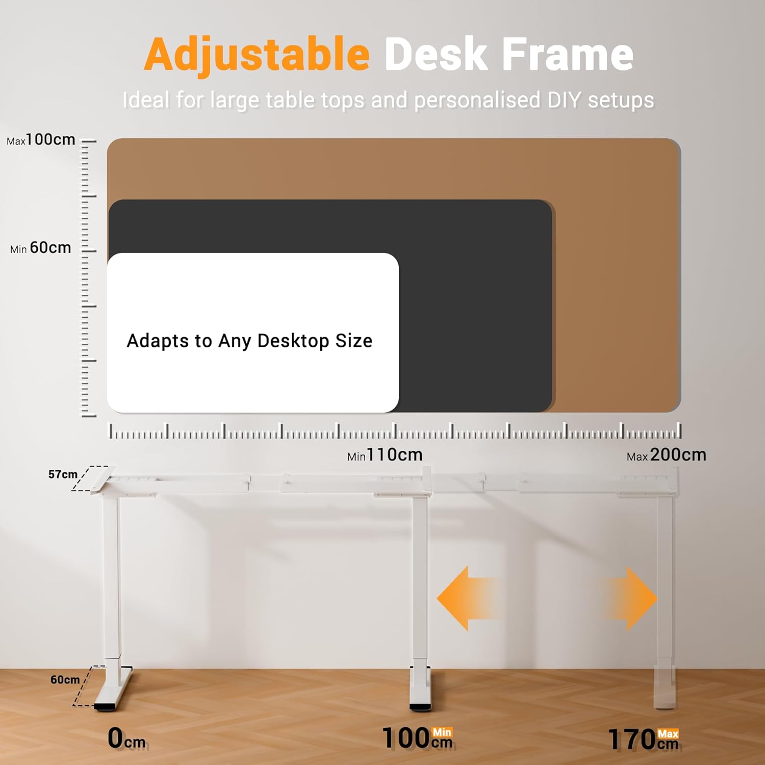 Diagram showing adjustable desk frame dimensions and desktop compatibility