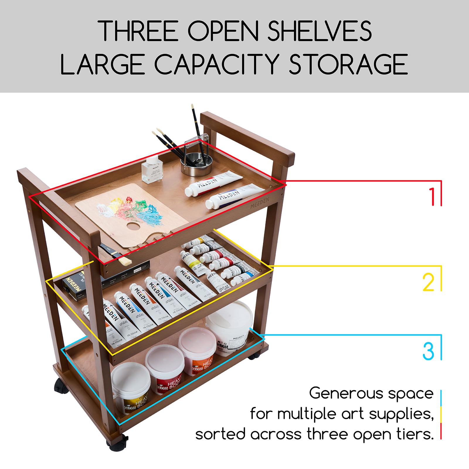 MEEDEN 3-poziomowy wielofunkcyjny organizer do przechowywania koszyków, lite drewno bukowe Studio Cart Art Taboret Taboret z kółkami Caster dla artystów