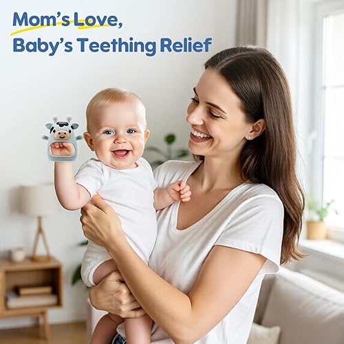 Miniatura 9 de TOHIBEE Paquete de 2 juguetes de dentición para bebés de 0-6 6-12 meses, guantes de dentición de vaca ajustables de silicona de grado alimenticio,