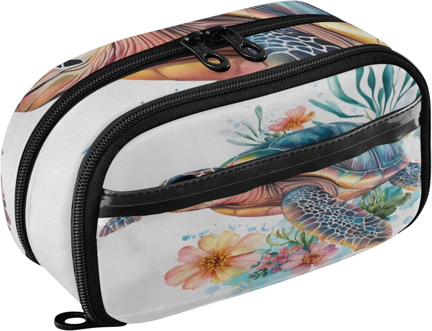 ALAZA Turtle Flower Watercolor Large Capacity Pencil Case, Aesthetic Stationery Organizer Bag with Clear PVC Window, High Capacity Pen Pouch with Dividers for School Office Travel