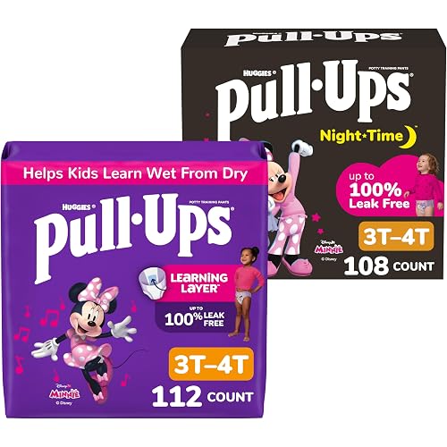Pull-Ups Day and Night Bundle: Training Pants for Girls, Size 3T-4T (32-40 lbs), 112 Count (4 Packs of 28) & Night-Time Training Pants for Girls, Size 3T-4T (32-40 lbs), 60 Count