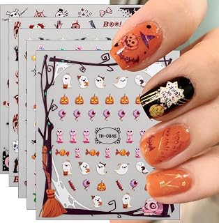 JMEOWIO 9 Sheets Halloween Nail Art Stickers Decals Self-Adhesive Cute Evil Eyes Skull Ghost Witchy Bat Pumpkin Spook Nail Supplies Nail Art Design Decoration Accessories