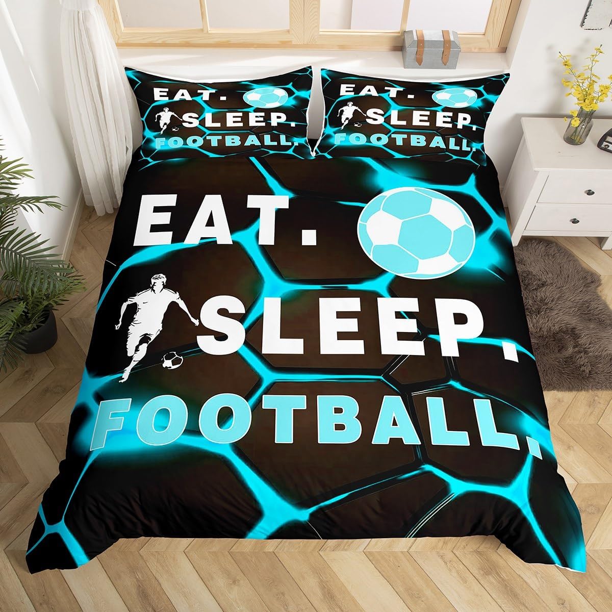 jejeloiu Kids Green Ice Hockey Bedding Set Toddler Size Ice Sports Games Bedding Duvet Cover Set Decor Hockey Player Geometric Comforter Cover Set Lighting Honeycomb Bedspread Cover 2Pcs,No Comforter