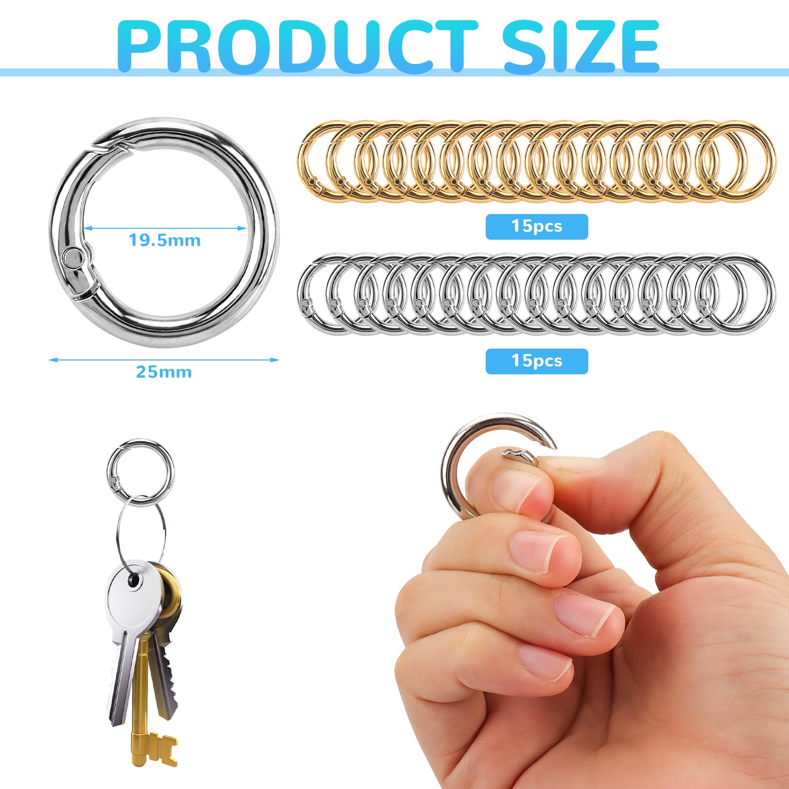 30 Pezzi Scatto Molla Rotonda, Accessori per Borse Uncinetto, 25mm Moschettone per Borse, Fibbia Portachiavi, Anelli per Borse, Zaini Portafogli, Artigianato, Bagagli Cinghie (Argento&Oro)