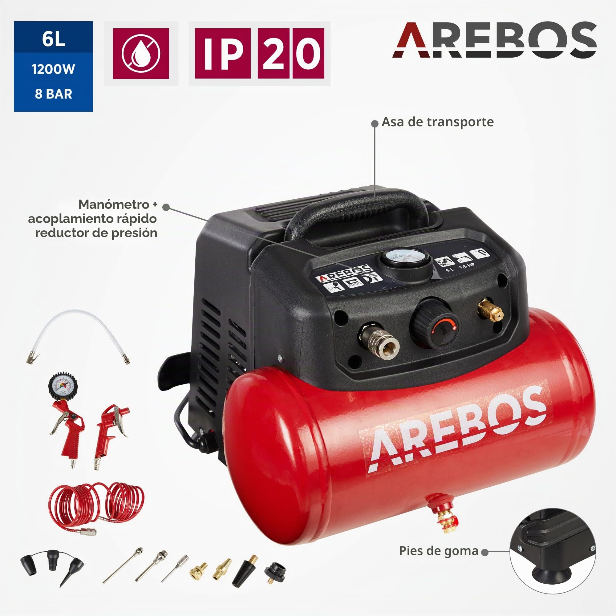 Arebos Compresor de aire comprimido | Incluye 13 accesorios | Compresor silencioso | compresores para pintar | Compresor aire electrico | Bajo mantenimiento | Apagado automático | 6 Litros