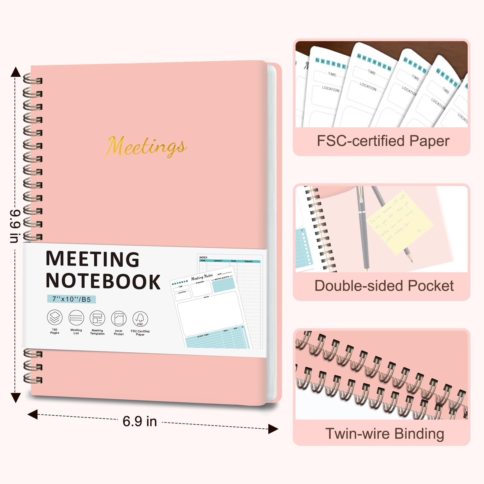 Cuaderno de reuniones para organización del trabajo, cuaderno planificador de trabajo con artículos de acción, agenda de proyectos para tomar notas, 160 páginas (6.9 x 9.9 pulgadas), suministros
