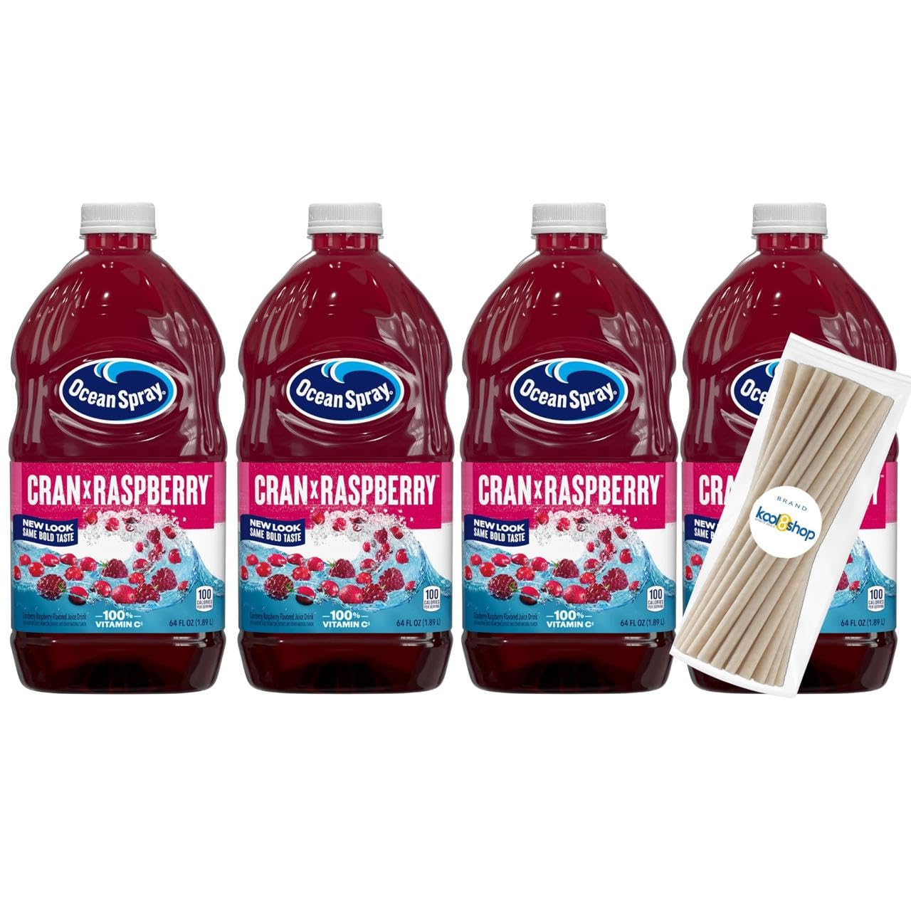 Ocean Spray Cran Raspberry Fruit Juice Drink 64 fl oz Plastic Bottle 4 Pack + 15 Sugarcane Disposable Straws by KOOL8SHOP Infinite Deals
