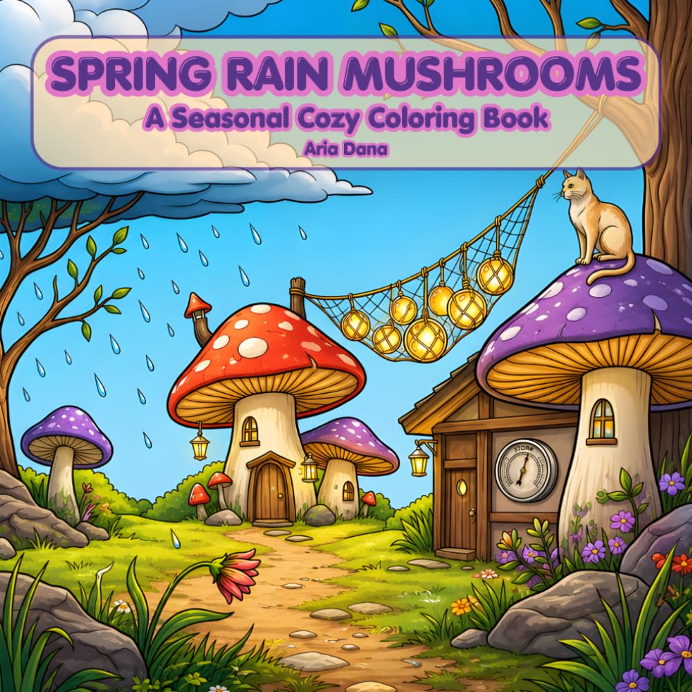 Spring Rain Mushrooms A Seasonal Cozy Coloring Book: 51 Rainy-Day Illustrations of Mushroom Cottages, Frogs & Forest Gardens for Relaxation (Seasonal Cozy Mushroom Coloring Collection)