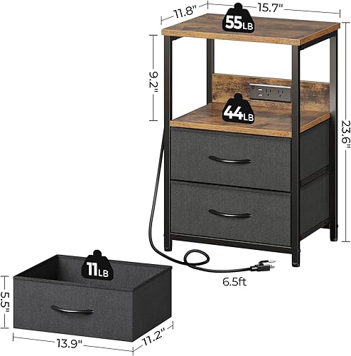 Miniatura 3 de Seventable Juego de 2 mesitas de noche con estación de carga, mesita de noche con luces LED, mesita de noche con 2 cajones de tela, mesa auxiliar de