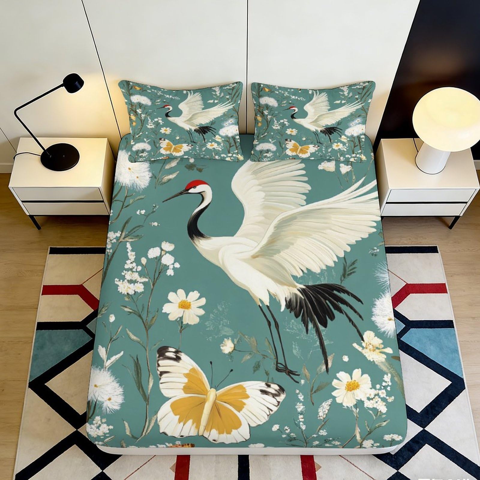 3D Printed Crane Butterfly Microfiber Deep Pocket Fitted Sheet Bedroom Bedding Elastic Hem Crane Mattress Fitted Cover Washable Non-Slip 180x200x25cm