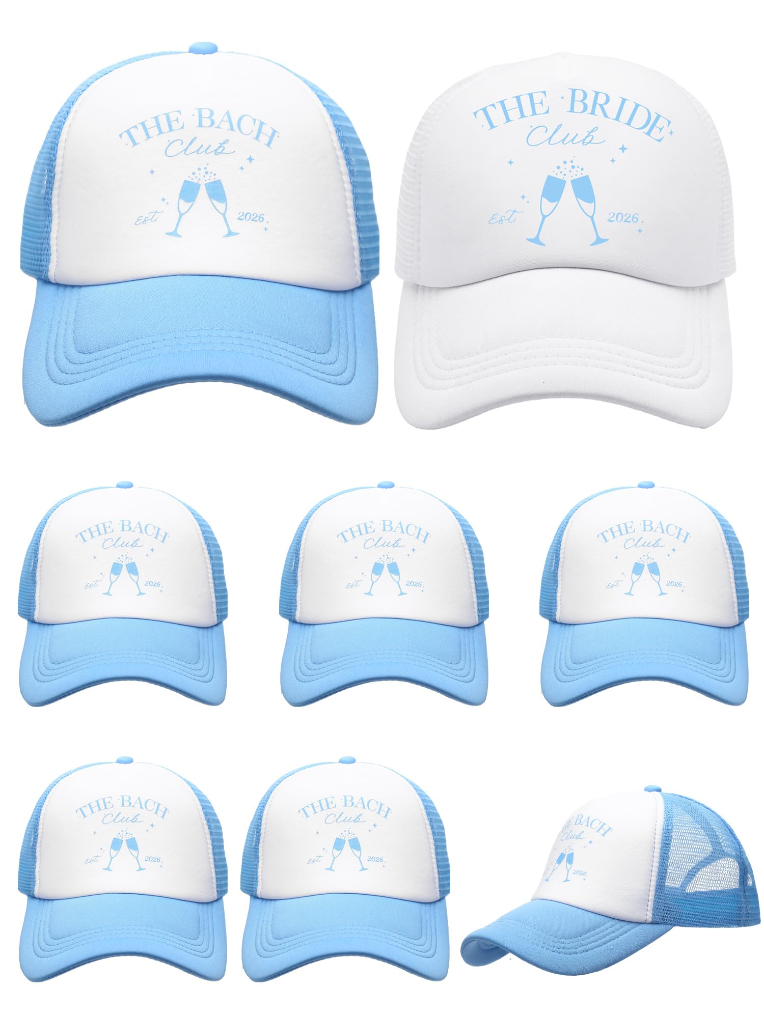 Shyyween Paquete de 8 sombreros de despedida de soltera del club social que incluye 1 gorra de novia y 7 gorras de camionero The Bach Club