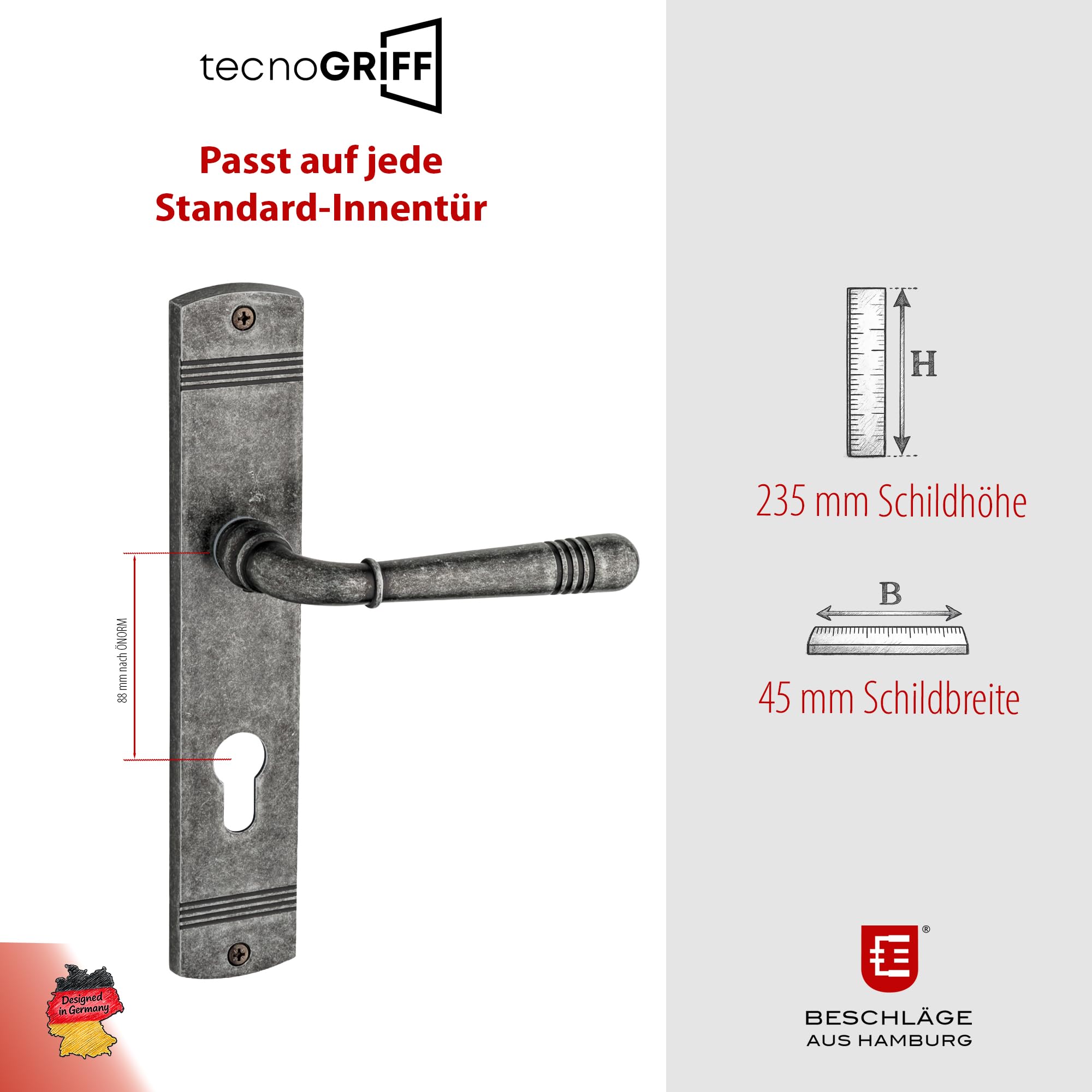 Beschläge Hamburg Türbeschlag EMILY ART 70-09Z DAS PZ – Türklinke in Dark Antique Steel, 88 mm Profilzylinder, Drückergarnitur für Innentüren – NUR für ÖNORM/ÖSTERREICH
