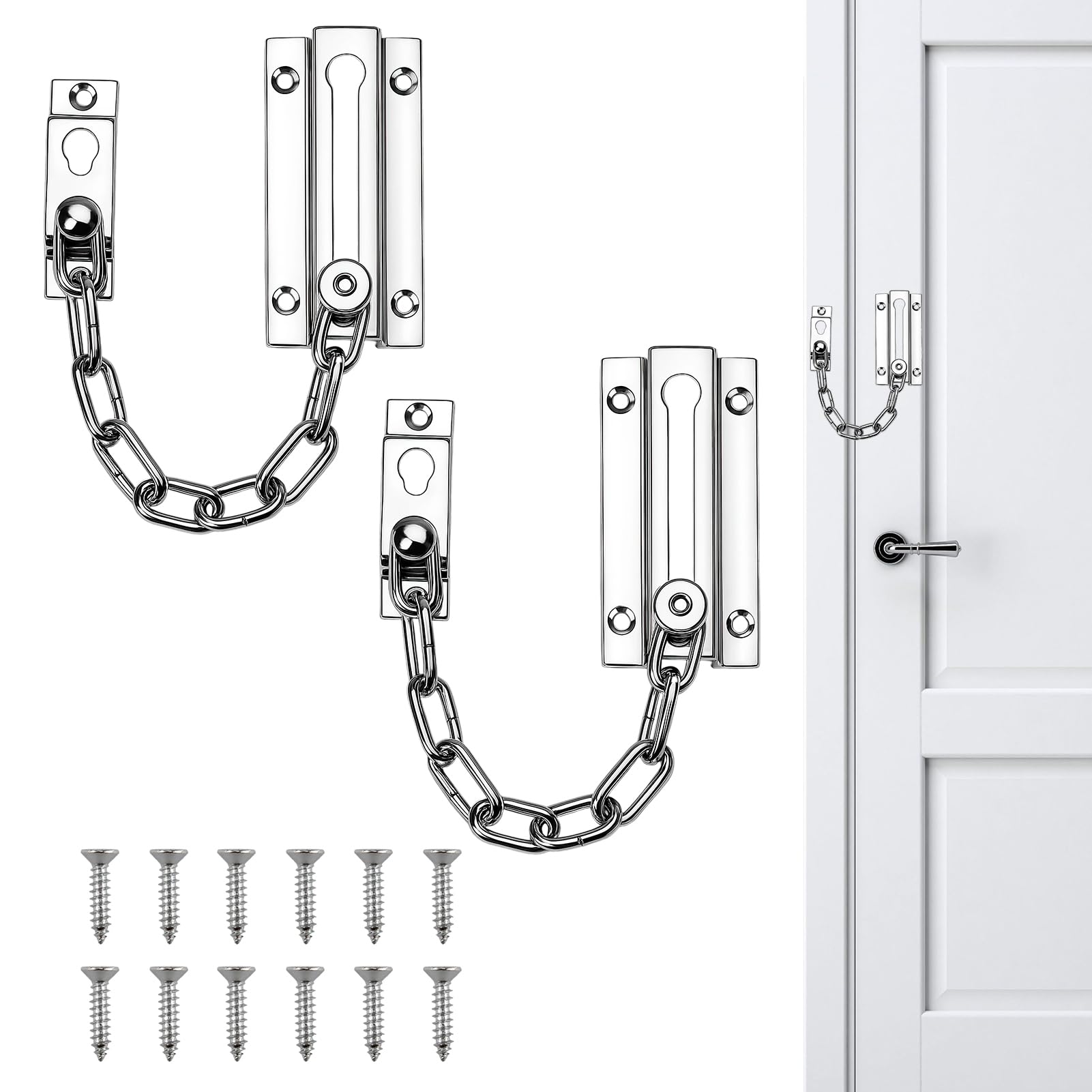 2PCS Door Chain Stainless Steel Lock for Internal Front Door Nickel Plated Door Security Chains with Screws