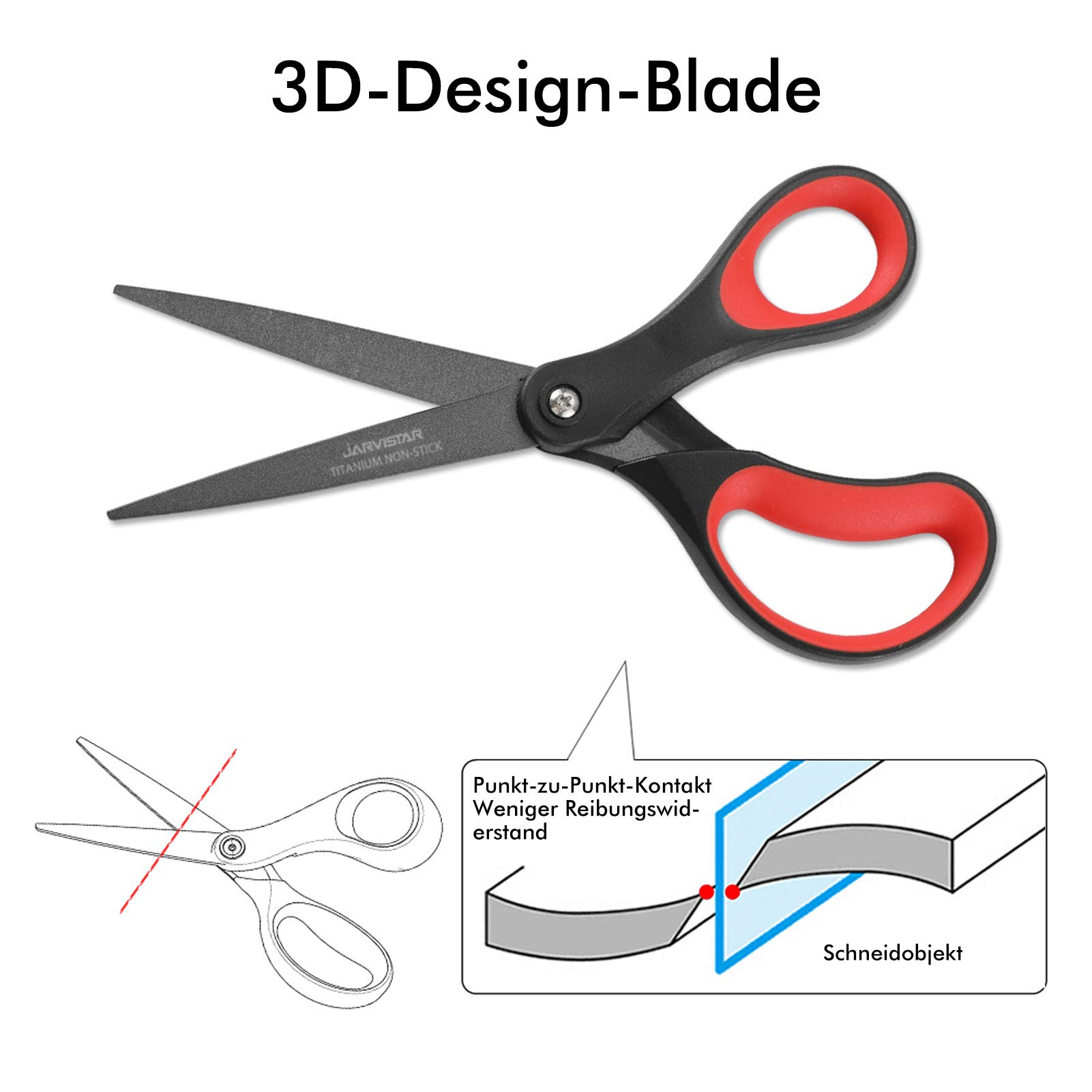 JARVISTAR Forbici Multifunzione, Forbici da ufficio, Lame Rivestita in Titanio Super Affilate, Impugnatura Morbida e Confortevole, Forbici Set, 21 cm, 2 pezzi (Rosso/Nero)