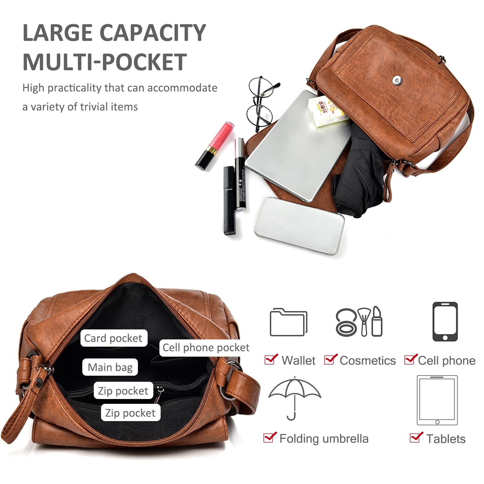 NICOLE & DORIS Women's Vintage Soft Leather Satchel Bag - Multi Pockets, Lightweight Hobo Bag