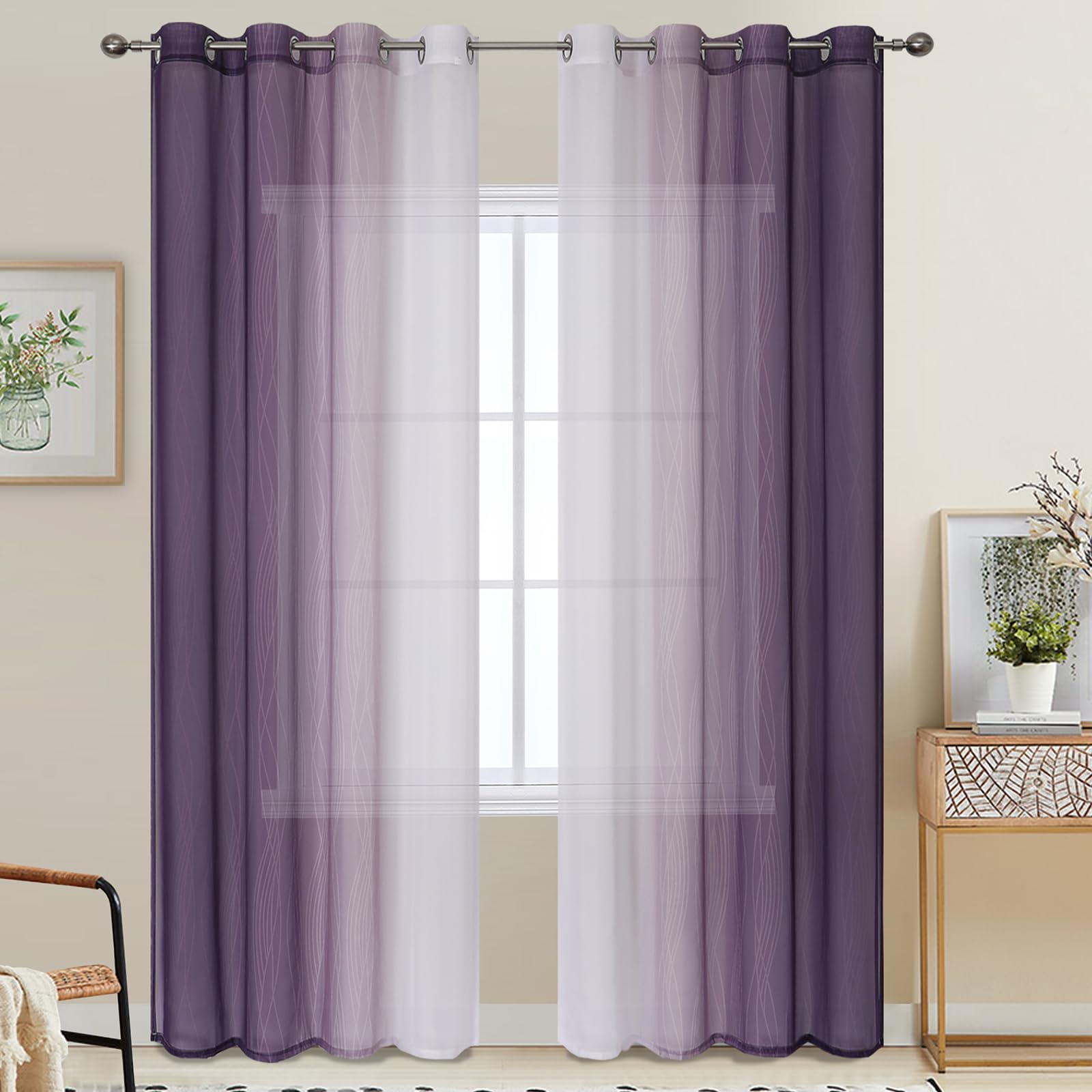 VEHEDE Ombre Window Voile Curtains for Bedroom 84 Inches Drop, Gradient Semi Sheer Curtain for Living Room with Eyelet, Purple and Greyish White, W52 x L84 Inch 2 Panels