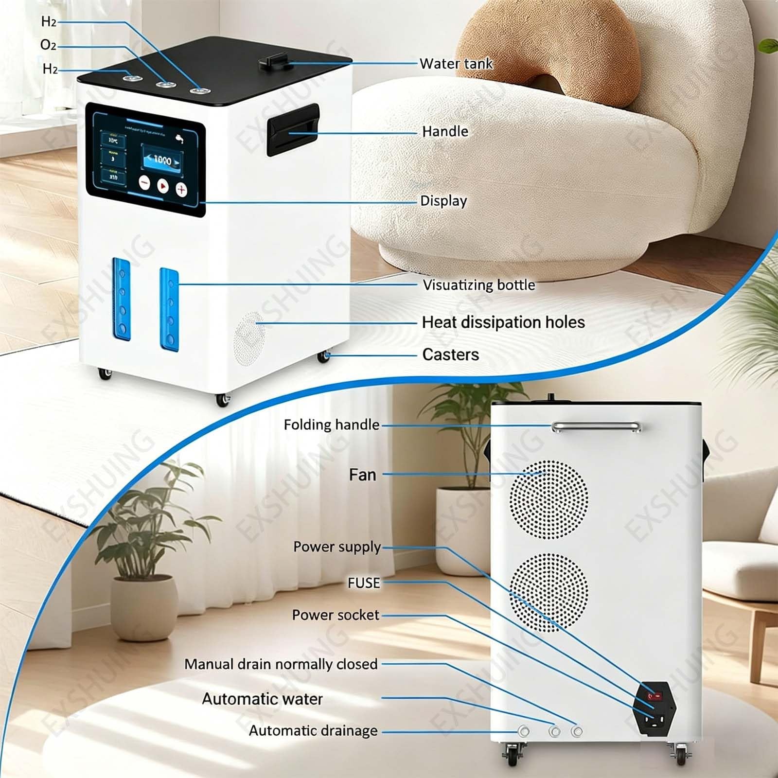 Aparat Do Inhalacji H2 Z Generatorem Wodoru 900-4200 Ml/Min, Inhalator Gazu Browns Z Trzema Wyjściami, Z Separacją H2, Automatyczne Napełnianie Opróżnianie, Technologia Spe/Pem(White,900ml/min)