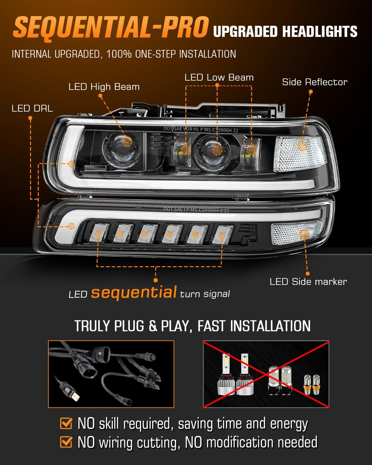 LED Headlights Assembly Headlamps Replacement Compatible with 1999-2002 Chevy Silverado 2000-2006 Chevy Suburban 00-06 Tahoe DRL Turn Signal Hi/Low Beam with Bulbs (NOT FIT for GMC)