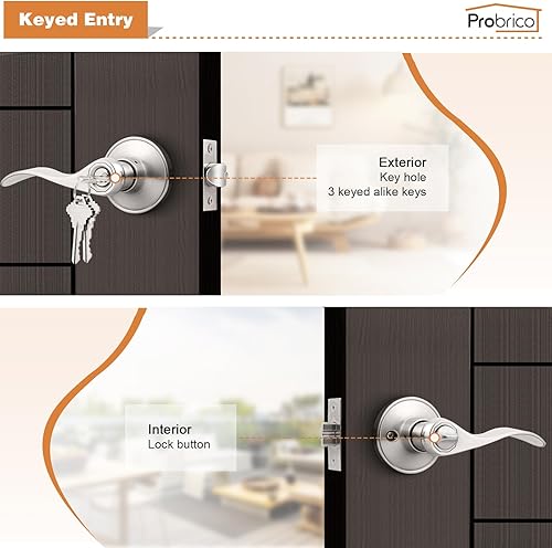 Miniatura 3 de Probrico - Paquete de 6 manijas de puerta de entrada, con llaves iguales, estilo ondulado, con acabado de níquel satinado, cerraduras para