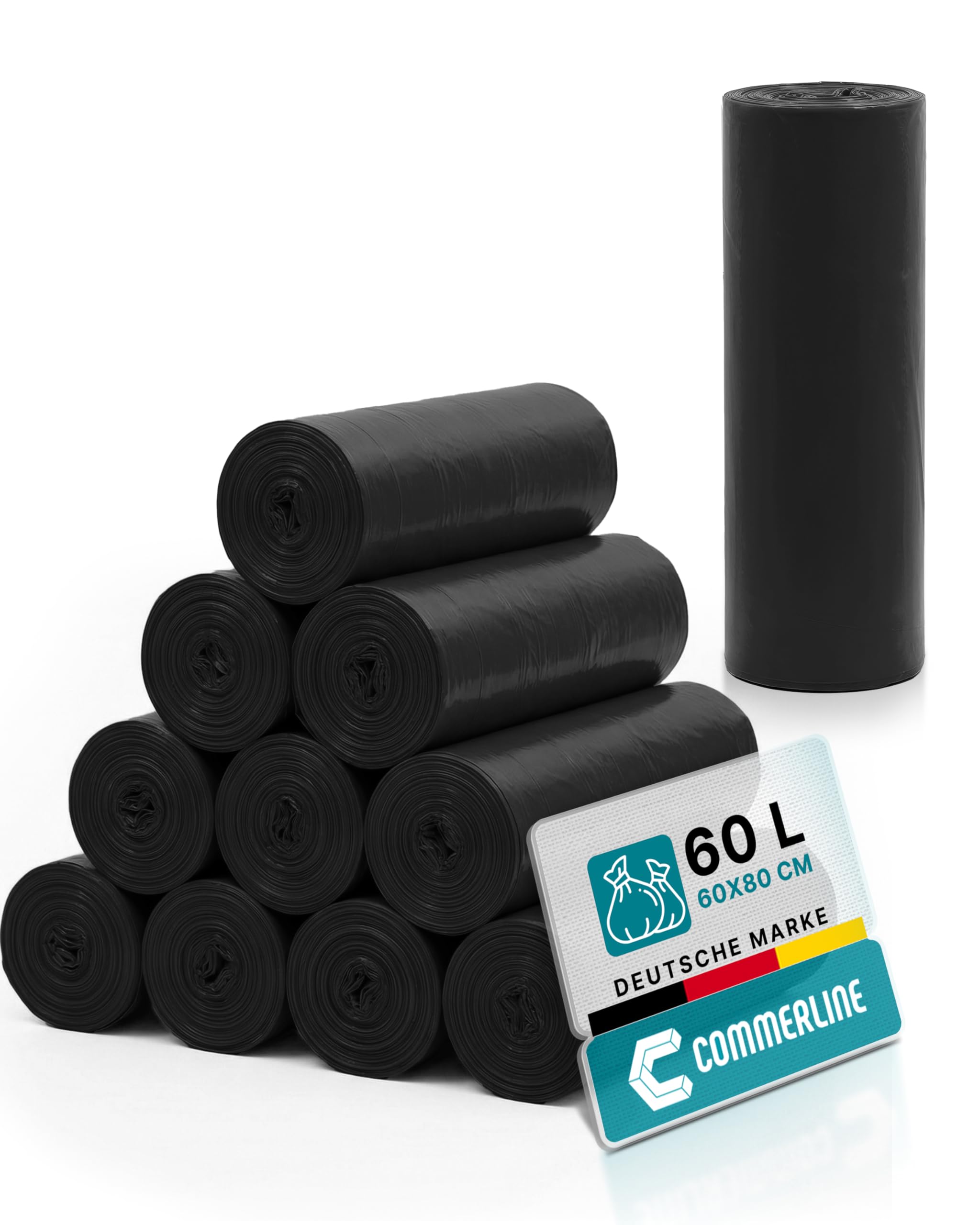 Commerline Müllsäcke 60 L – 200 Stück, Schwarz, 60x80 cm | Reißfest & Auslaufsicher | Für Haushalt, Büro, Gewerbe & Gastronomie