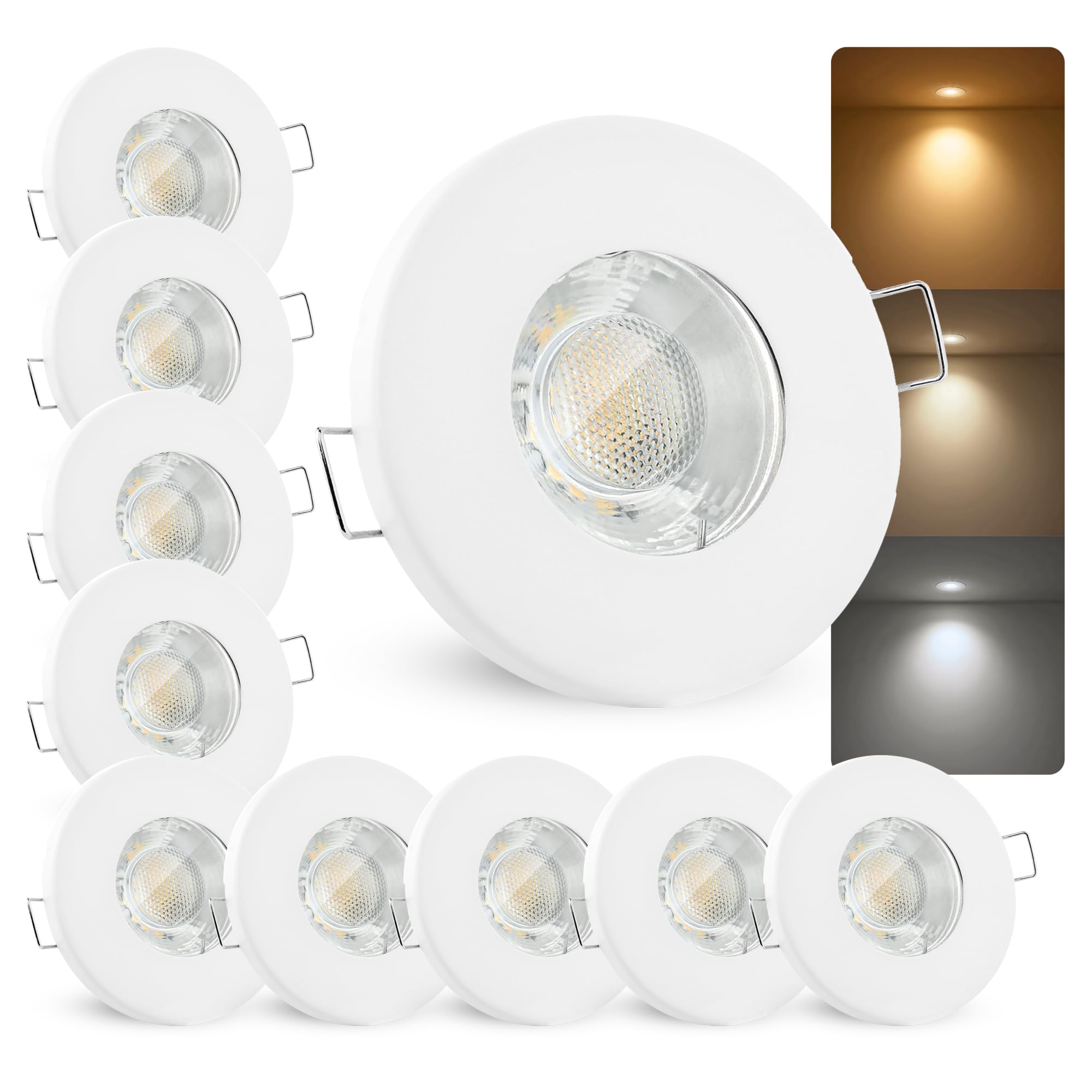 linovum 10x Einbaustrahler Set 6W flach IP65 weiß mit Wasserschutz - inkl. GU10 drei einstellbaren Lichtfarben 3CCT - für Bad, Dusche, Außen
