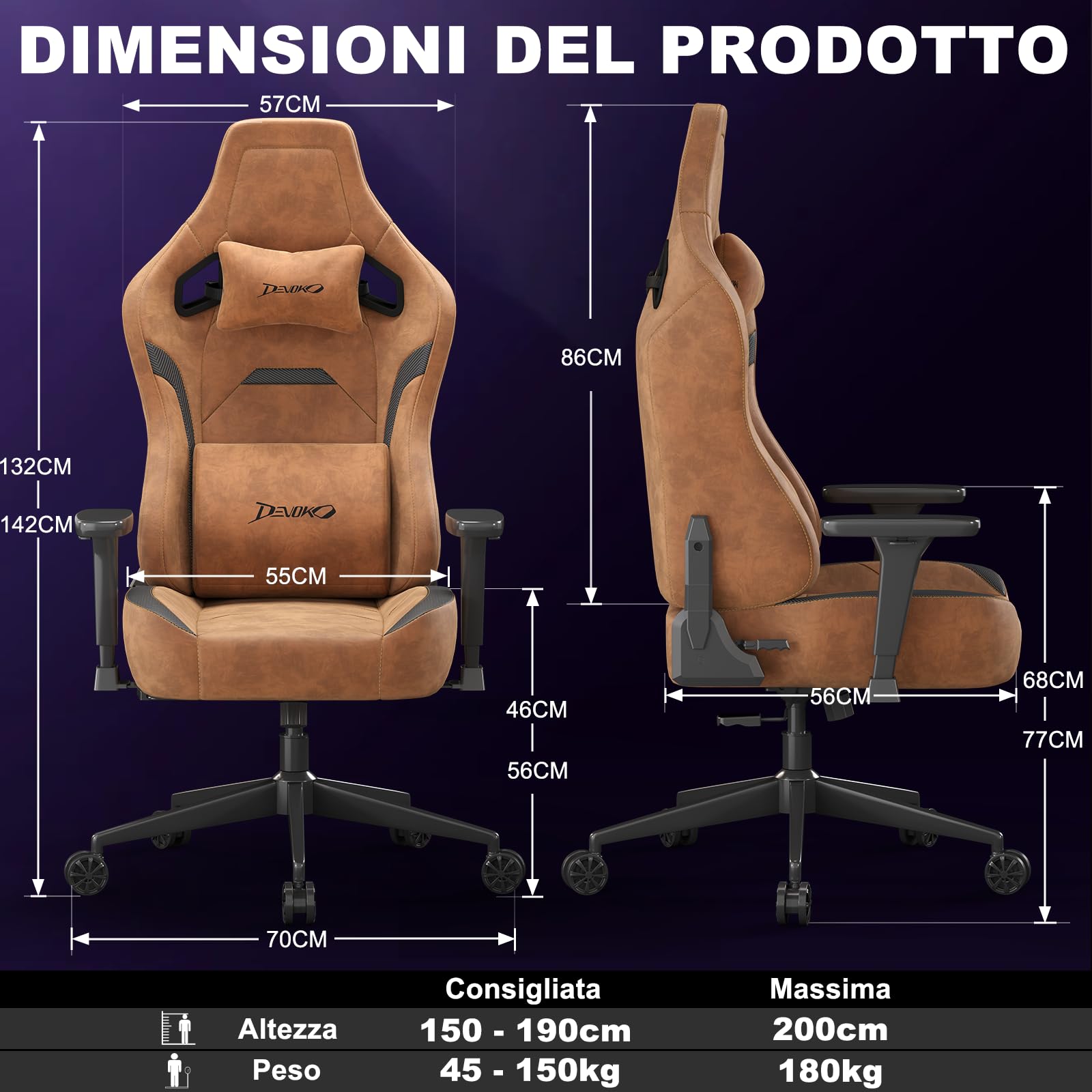 Devoko Sedia da Gaming Ergonomica in Pelle Scamosciata, Poltrona da Ufficio Gamer Reclinabile 90°-135°, Braccioli 3D Regolabili, Base in Metallo, Ruote Silenziose, Portata 180kg, Marrone Chiaro