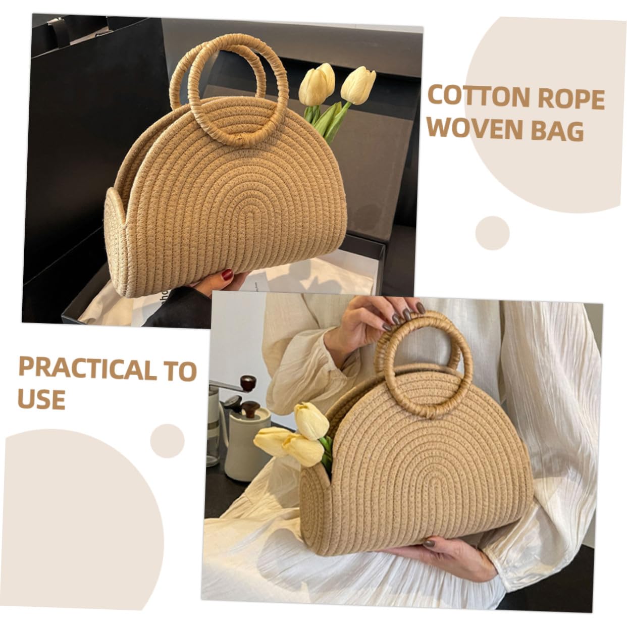 Abaodam Borsa in Corda di Cotone Intrecciata a Mano Texture Delicata, Capiente e Portatile, Stile Rustico per Picnic e Spiaggia Khaki
