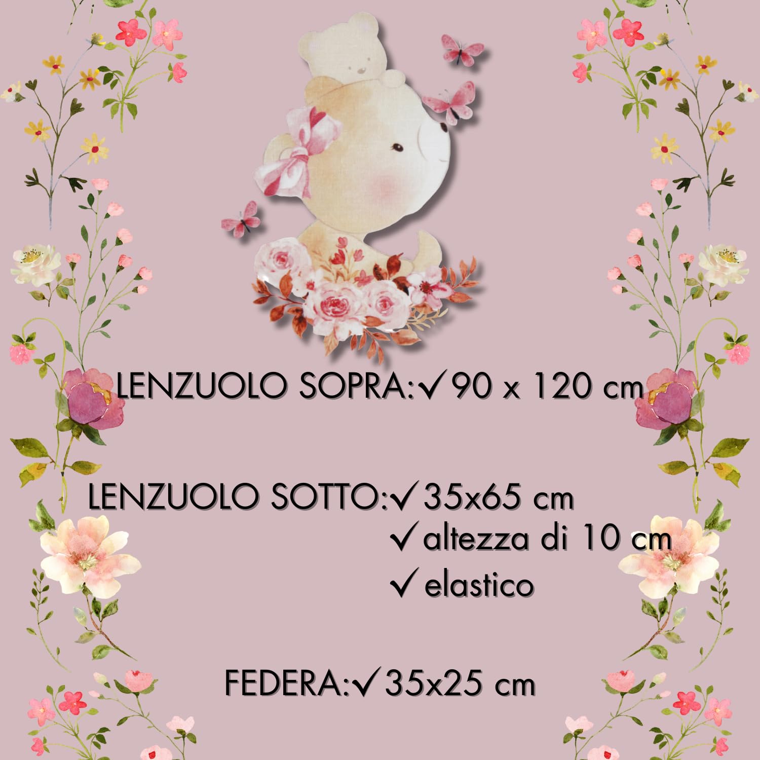 Ciliegina Set 3 Lenzuola Culla 100% Cotone Completo + sotto con elastici Federa Bambino Bambina idea regalo (Farfalle)