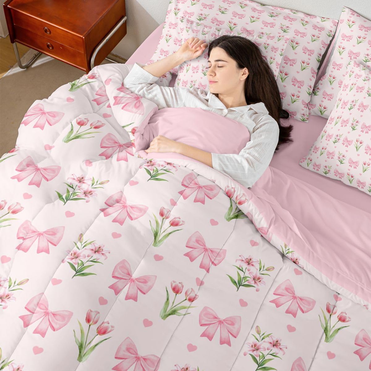 Erosebridal Kawaii Bowknot 7 Piece Bedding Set Twin Floral Ribbon Bow Comforter Set with Sheets Bow Tie Bed in A Bag Pink Tulips Bed Sets with 2 Pillowcases, 2 Throw Pillow Covers