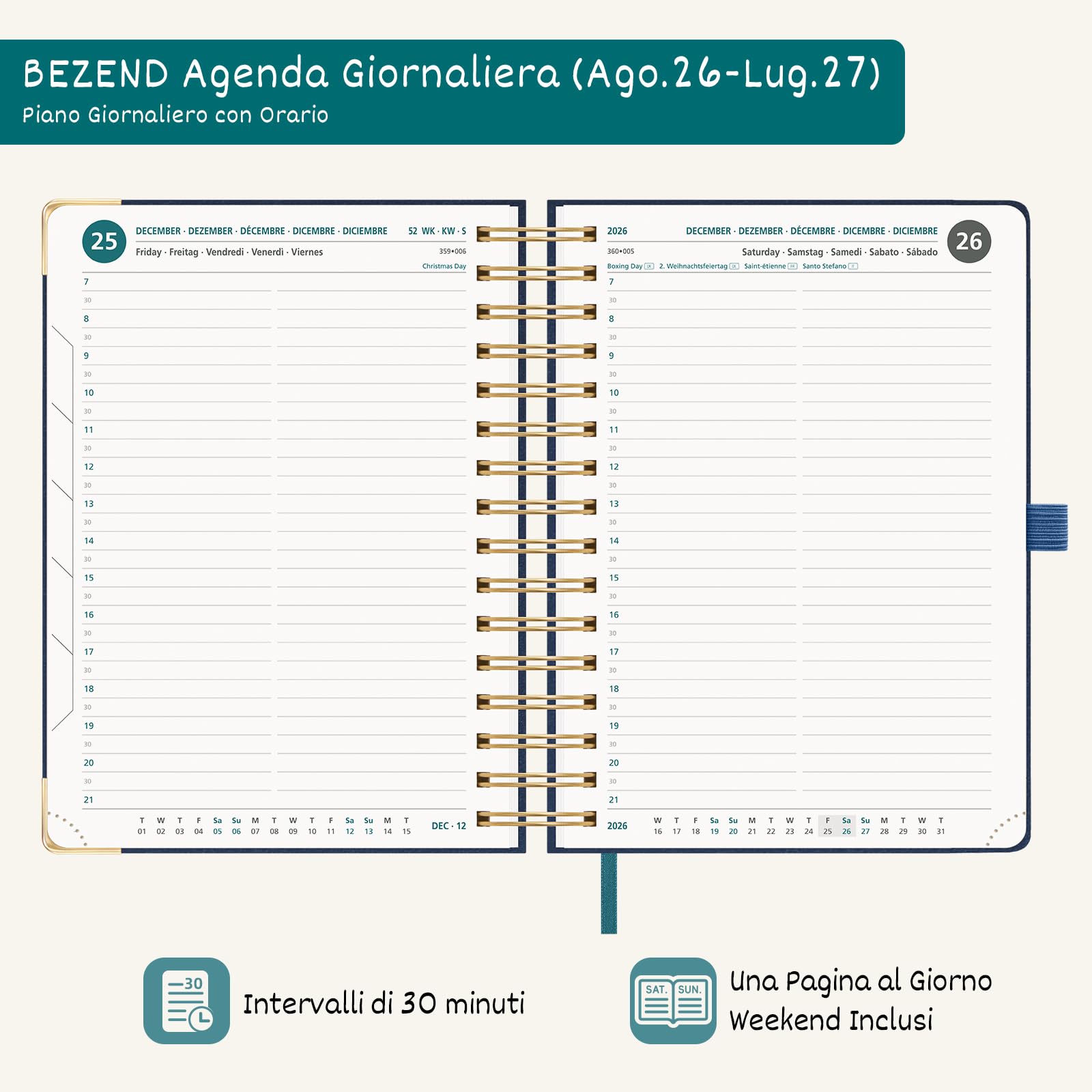 BEZEND Agenda 2026 2027 Giornaliera A5 Spirale, 12 Mesi da Ago.26 a Lug.27, Diario Scuola 21 x 15,5 cm con Angoli Protettivi Dorati, Intervalli di 30 Minuti, Copertina Rigida Pelle PU, Borgogna