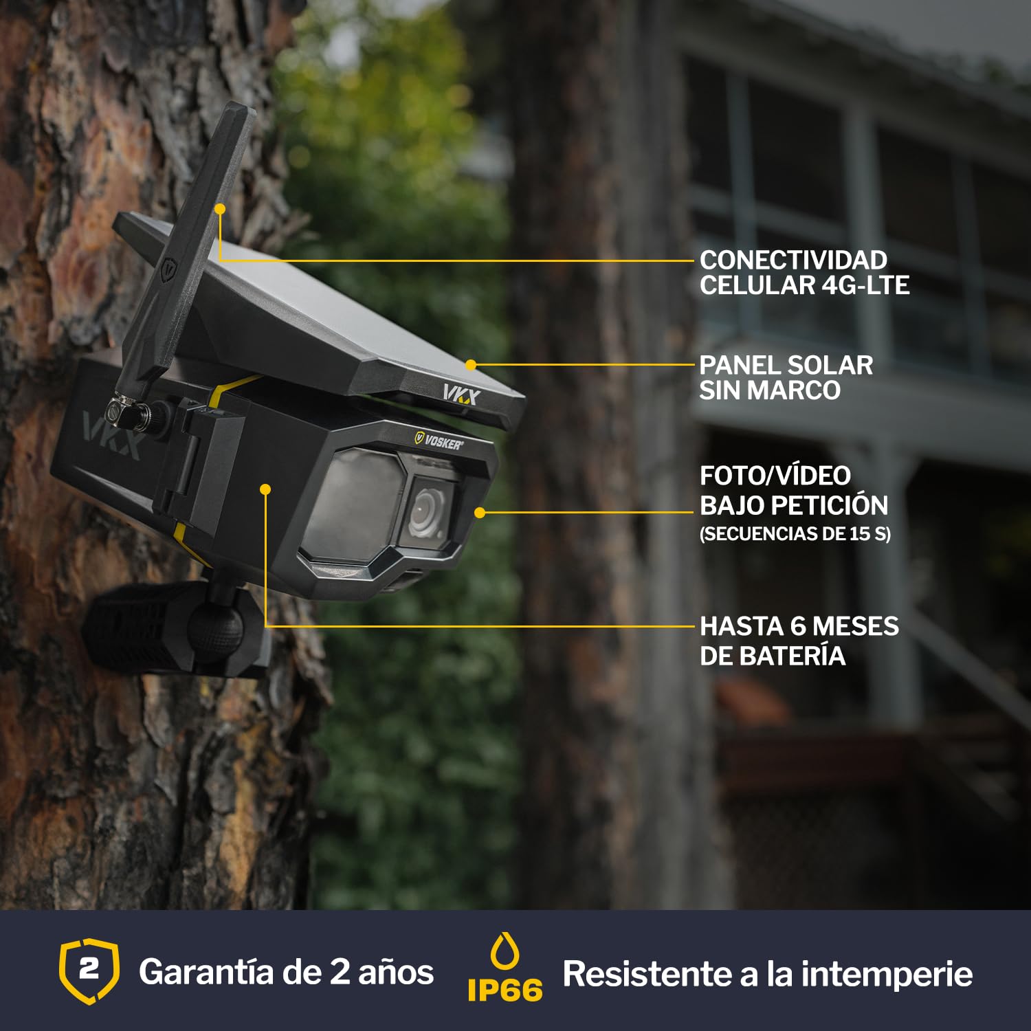 Vosker VKX Cámara de Seguridad 4G-LTE para Exteriores con energía Solar – Sin WiFi, detección de Movimiento, visión Nocturna, SIM incluida, vídeo de 15s a Demanda, IP65
