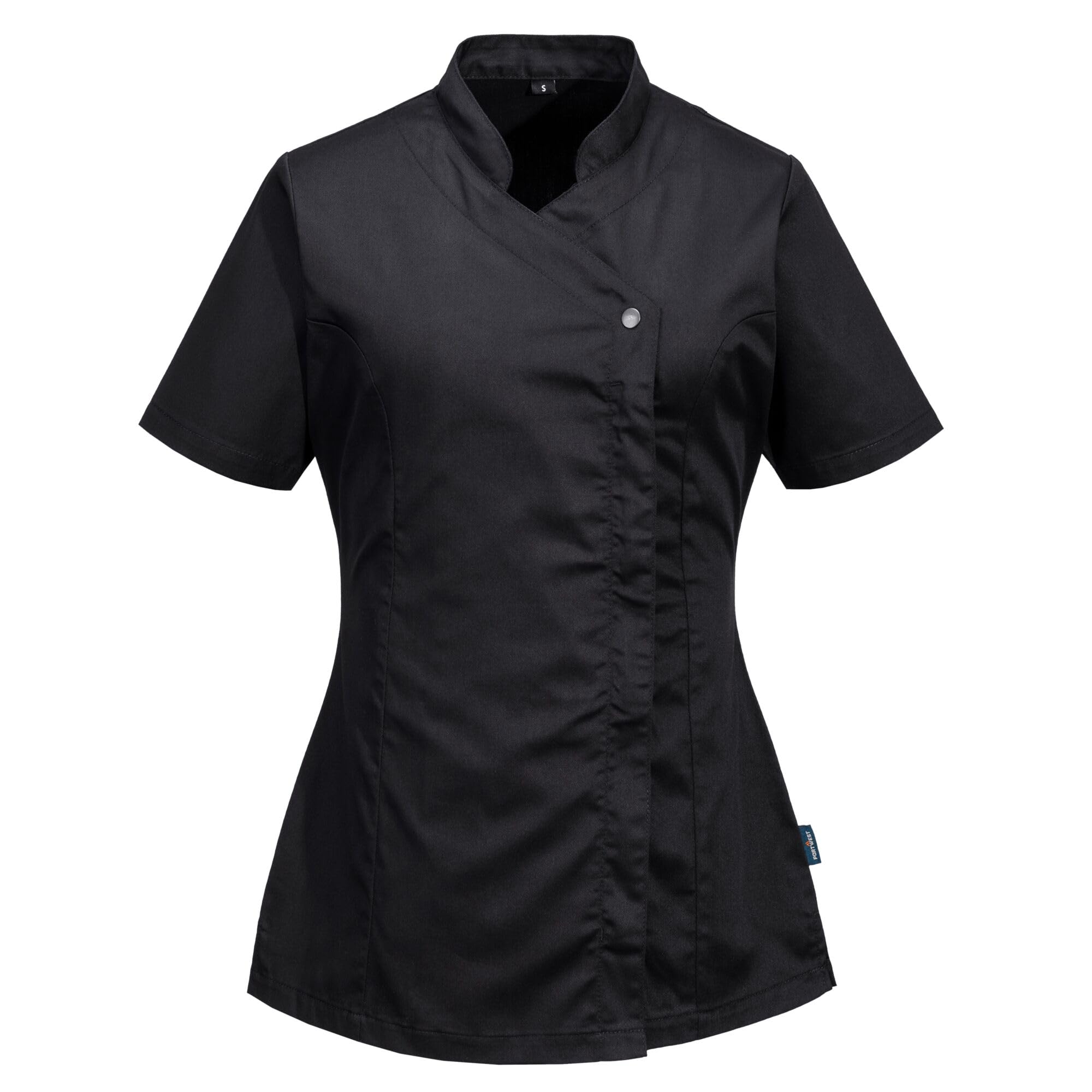 Portwest C824 Women’s Tunic Short Sleeve Workwear Durable Polycotton Fabric Stretch Panelling Side Vents Concealed Zip Action Back Professional Fit Catering Uniform, Black, S